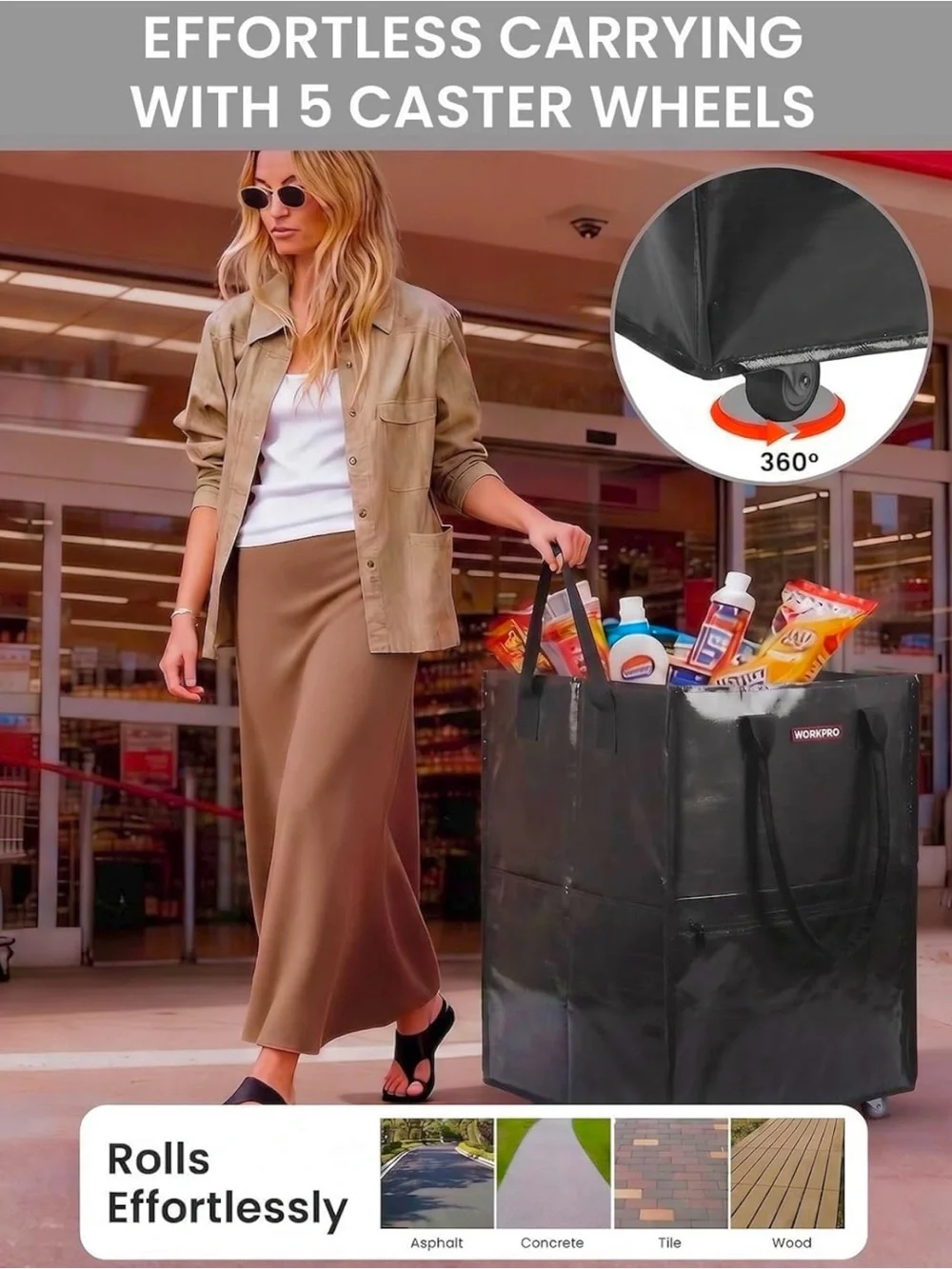 X Large Rolling Grocery Bag, 36-Gallon Tote with 5 Wheels, 110 lbs Capacity NWT
